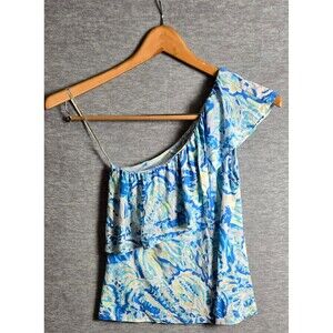 Lilly Pulitzer Womens Neveah Ruffle One Shoulder Top Blue Turquoise Size XS